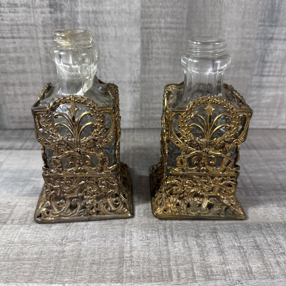 Pair of ANTIQUE BRONZE ORMOLU FILIGREE Apollo PERFUME BOTTLES.